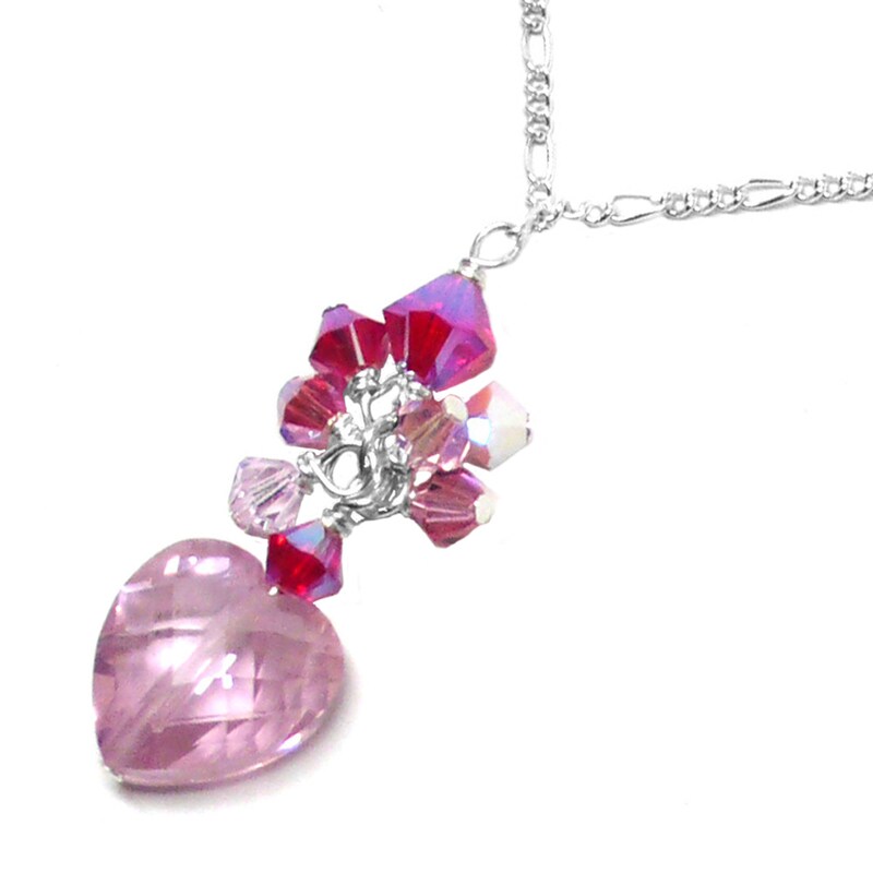 Pink CZ Heart Cluster Drop Chain Necklace Sterling Silver or Gold-Filled
